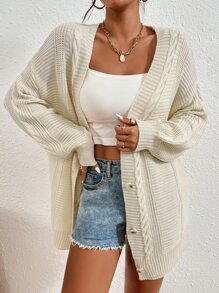 SHEIN Essnce Cable Knit Lantern Sleeve Cardigan - Apricot - View 3