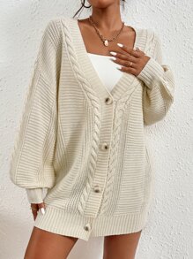 SHEIN Essnce Cable Knit Lantern Sleeve Cardigan - Apricot - View 4