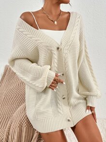 SHEIN Essnce Cable Knit Lantern Sleeve Cardigan - Apricot - View 5