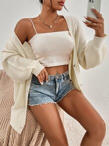 SHEIN Essnce Cable Knit Lantern Sleeve Cardigan - Apricot - View 6