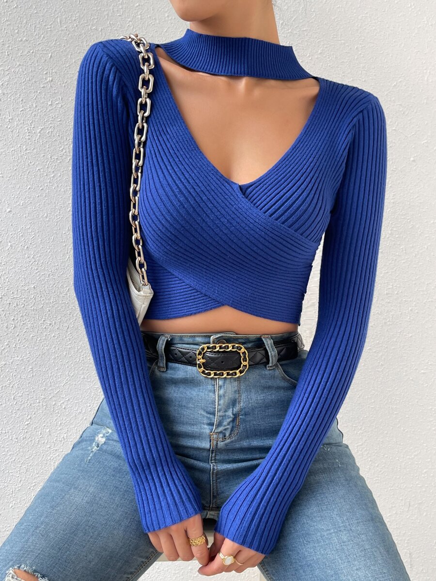 SHEIN Privé Choker Neck Wrap Cross Crop Jumper - Blue - View 1