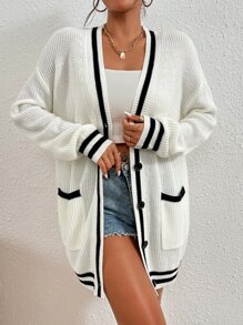 SHEIN Frenchy Striped Pattern Double Pocket Drop Shoulder Varsity Cardigan - Black and White - View 5