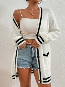 SHEIN Frenchy Striped Pattern Double Pocket Drop Shoulder Varsity Cardigan - Black and White - View 6