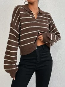 SHEIN Unity Striped Pattern Drop Shoulder Jumper - Brown - View 4