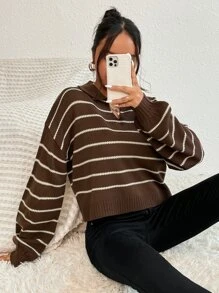 SHEIN Unity Striped Pattern Drop Shoulder Jumper - Brown - View 5