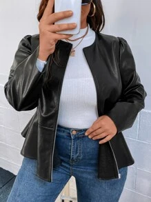 SHEIN Clasi Plus Puff Sleeve Peplum PU Leather Jacket - Black - View 1