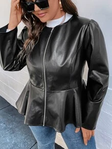 SHEIN Clasi Plus Puff Sleeve Peplum PU Leather Jacket - Black - View 5