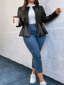 SHEIN Clasi Plus Puff Sleeve Peplum PU Leather Jacket - Black - View 6