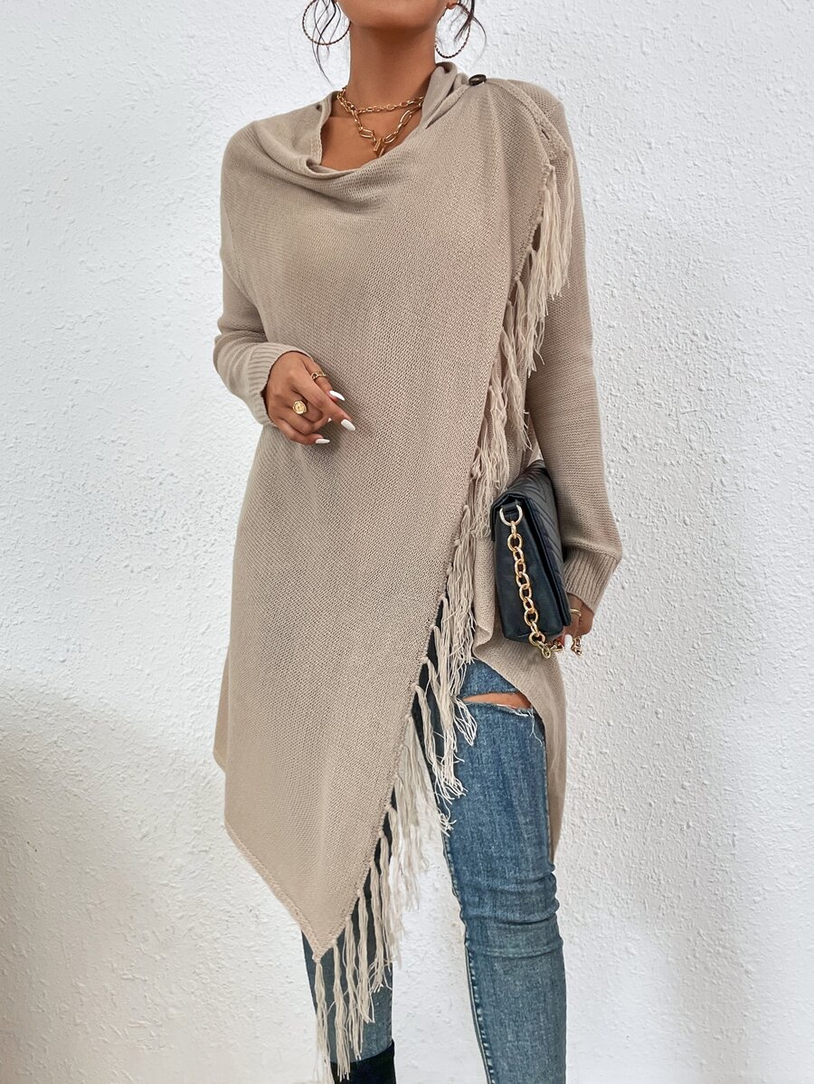 SHEIN LUNE Fringe Trim Cowl Neck Asymmetrical Hem Jumper - Khaki - View 1