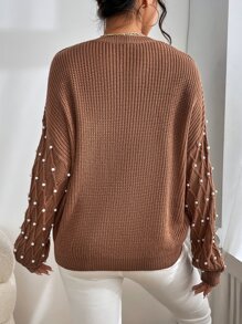 SHEIN Privé Pearls Beaded Drop Shoulder Jumper - Coffee Brown - View 2