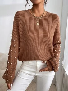 SHEIN Privé Pearls Beaded Drop Shoulder Jumper - Coffee Brown - View 3