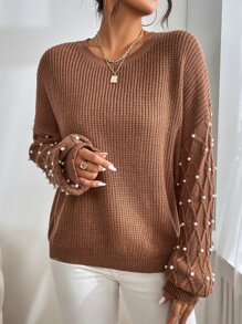 SHEIN Privé Pearls Beaded Drop Shoulder Jumper - Coffee Brown - View 4