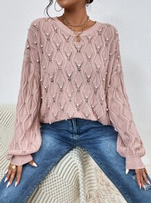SHEIN LUNE Pearls Beaded Drop Shoulder Pointelle Knit Jumper - Dusty Pink - View 1