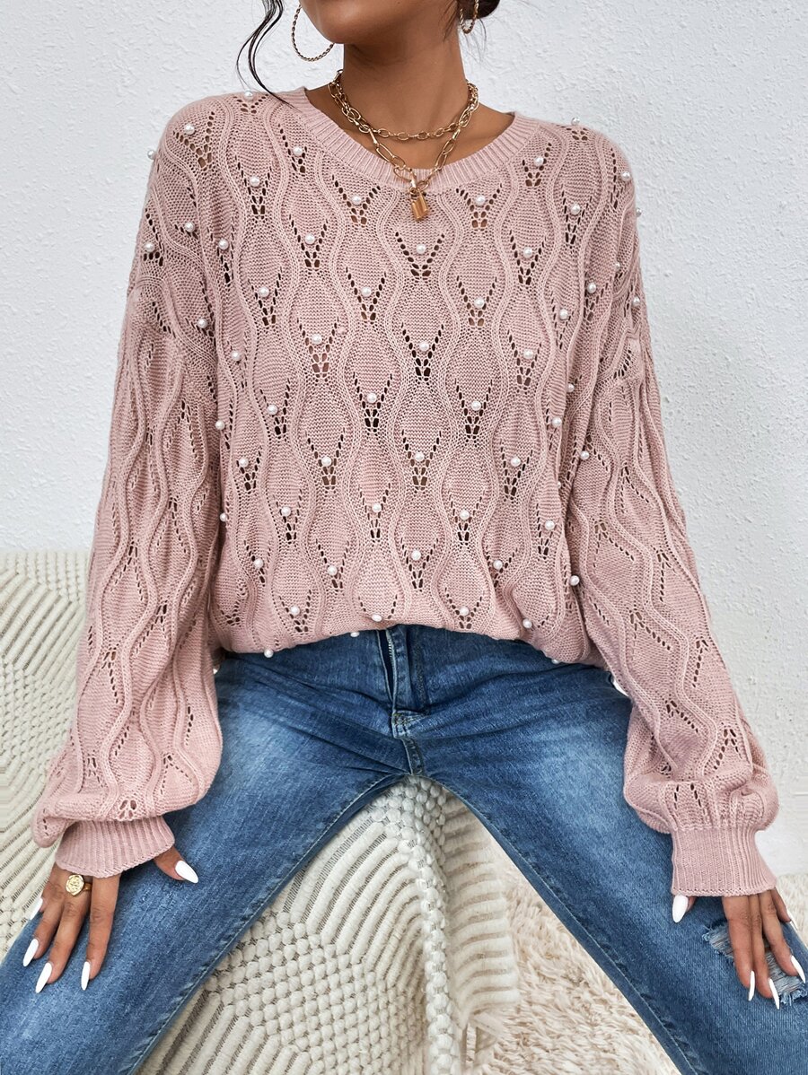 SHEIN LUNE Pearls Beaded Drop Shoulder Pointelle Knit Jumper - Dusty Pink - View 1