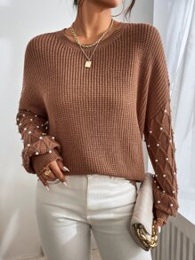 SHEIN Privé Pearls Beaded Drop Shoulder Jumper - Coffee Brown - View 5