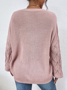 SHEIN LUNE Pearls Beaded Drop Shoulder Pointelle Knit Jumper - Dusty Pink - View 2