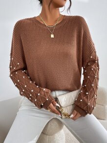 SHEIN Privé Pearls Beaded Drop Shoulder Jumper - Coffee Brown - View 6