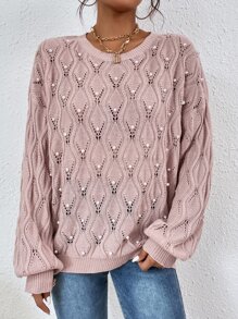 SHEIN LUNE Pearls Beaded Drop Shoulder Pointelle Knit Jumper - Dusty Pink - View 5