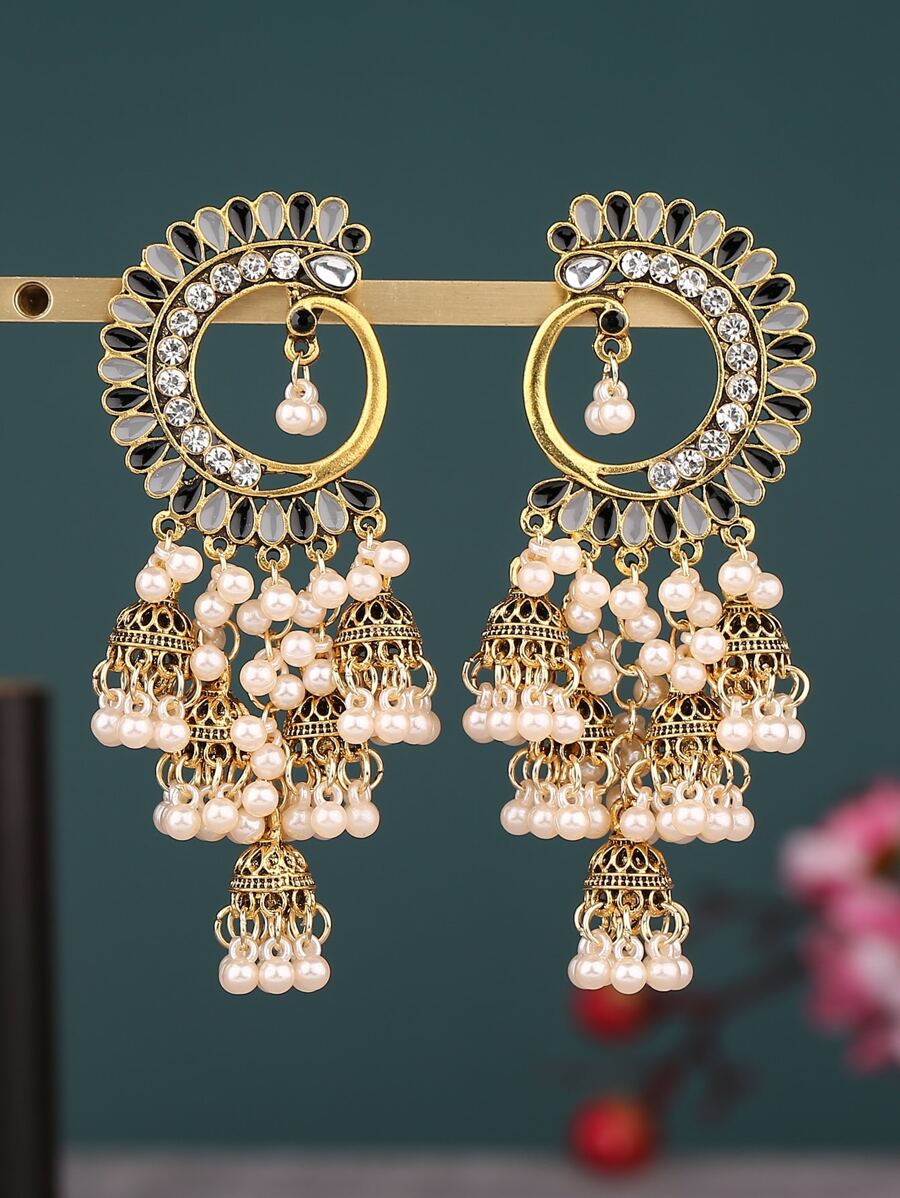 Pendientes colgantes con decoración de strass y perlas falsas - Multicolor - Ver 1