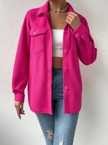 SHEIN Unity Winter Coat  Fall Clothes For Women Casual And Elegant Women's Woolen Coat With Shirt Collar And Lapel Design. Long Sleeves Are Neat And Elegant. The Woolen Fabric Is Crisp And Textured. The Loose Version Is Suitable For All Body Types. It Is Simple And Elegant When Paired With Jeans For Commuting In Autumn And Winter. - Hot Pink - View 7