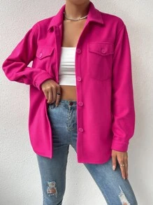 SHEIN Unity Winter Coat  Fall Clothes For Women Casual And Elegant Women's Woolen Coat With Shirt Collar And Lapel Design. Long Sleeves Are Neat And Elegant. The Woolen Fabric Is Crisp And Textured. The Loose Version Is Suitable For All Body Types. It Is Simple And Elegant When Paired With Jeans For Commuting In Autumn And Winter. - Hot Pink - View 4