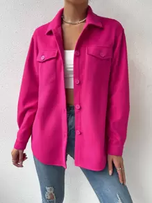 SHEIN Unity Winter Coat  Fall Clothes For Women Casual And Elegant Women's Woolen Coat With Shirt Collar And Lapel Design. Long Sleeves Are Neat And Elegant. The Woolen Fabric Is Crisp And Textured. The Loose Version Is Suitable For All Body Types. It Is Simple And Elegant When Paired With Jeans For Commuting In Autumn And Winter. - Hot Pink - View 6