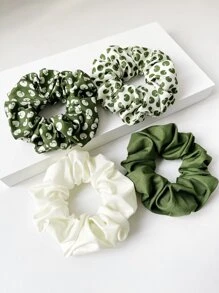 4pcs 12cm/4.72in Green & White Lotus Flower Print Hair Scrunchies, Elegant, Minimalist, Versatile Hair Accessories Suitable For Daily, Casual, Party, Commute, Beach, Ponytail, Bun, Washing Face, Makeup, Outfit Matching ,Hair Ties Makeup Home Gym Woman Accessories Head Accessories - Multicolor - View 5