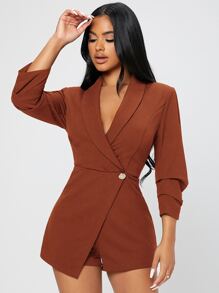 SHEIN PETITE Áo liền quần nữ Nút Xù màu trơn Thanh lịch - Rỉ Nâu - Xem 4