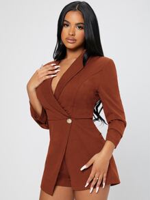 SHEIN PETITE Áo liền quần nữ Nút Xù màu trơn Thanh lịch - Rỉ Nâu - Xem 6