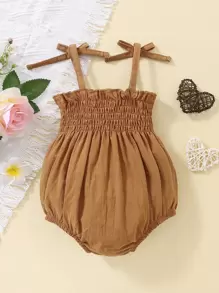 SHEIN Vintaside Kids 寶寶女孩捲邊荷葉邊蝴蝶結肩帶背心連體衣 - 棕色 - 查看 2