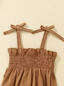 SHEIN Vintaside Kids 寶寶女孩捲邊荷葉邊蝴蝶結肩帶背心連體衣 - 棕色 - 查看 3