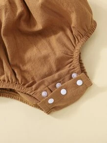 SHEIN Vintaside Kids 寶寶女孩捲邊荷葉邊蝴蝶結肩帶背心連體衣 - 棕色 - 查看 5