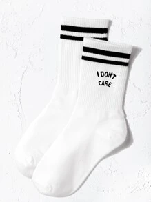 Striped & Slogan Graphic Crew Socks, Fall Socks - Black and White - View 1
