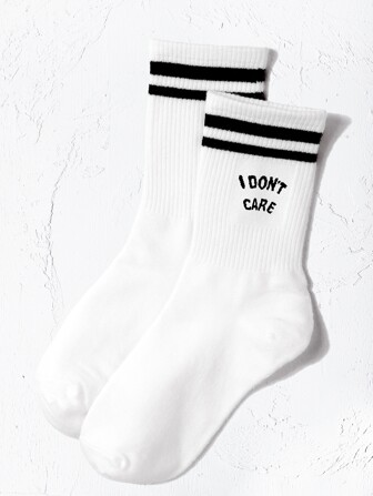 Striped & Slogan Graphic Crew Socks, Fall Socks