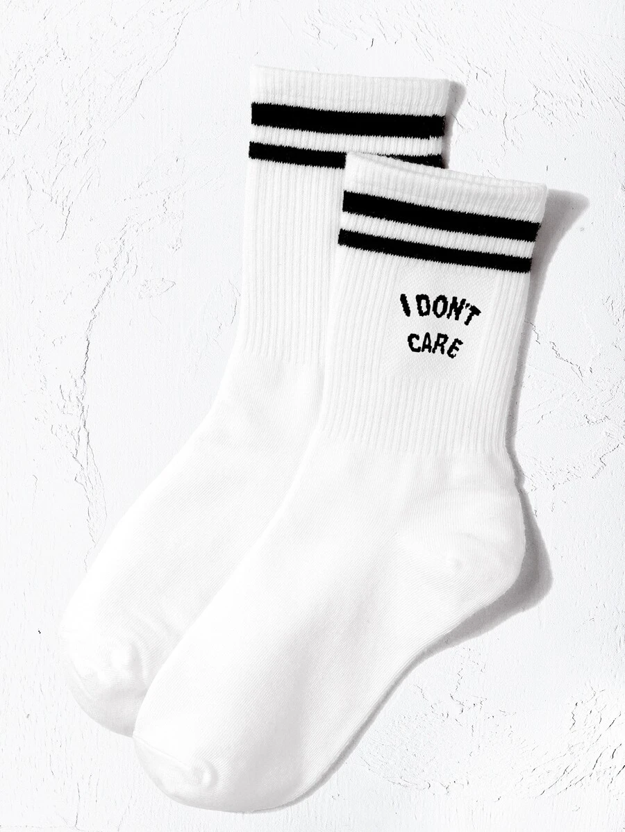 Striped & Slogan Graphic Crew Socks, Fall Socks - Black and White - View 1