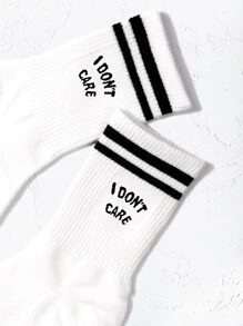 Striped & Slogan Graphic Crew Socks, Fall Socks - Black and White - View 2