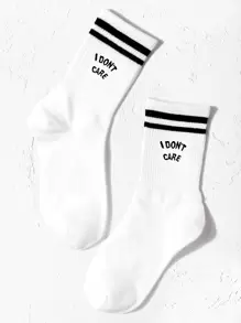 Striped & Slogan Graphic Crew Socks, Fall Socks - Black and White - View 3