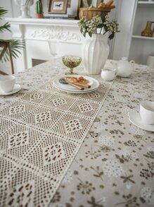 1入組花朵印花鏤空桌布 - 米色 - 查看 3