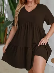 EMERY ROSE Plus Ruffle Hem Smock Dress - Chocolate Brown - View 1