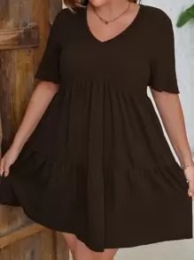 EMERY ROSE Plus Ruffle Hem Smock Dress - Chocolate Brown - View 3