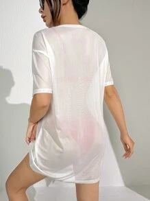 Summer Palm Tree & Slogan Graphic Mesh Cover Up Without Bikini Set - White - View 2