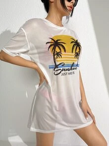 Summer Palm Tree & Slogan Graphic Mesh Cover Up Without Bikini Set - White - View 3