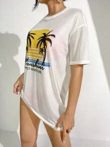 Summer Palm Tree & Slogan Graphic Mesh Cover Up Without Bikini Set - White - View 4
