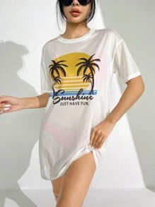 Summer Palm Tree & Slogan Graphic Mesh Cover Up Without Bikini Set - White - View 5