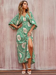 Floral Print Split Thigh Dress - Green - View 1