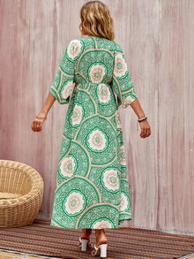 Floral Print Split Thigh Dress - Green - View 2