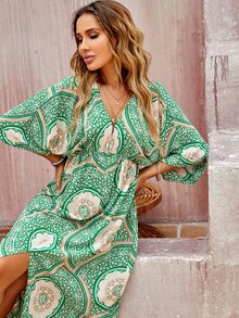 Floral Print Split Thigh Dress - Green - View 4