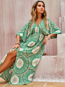 Floral Print Split Thigh Dress - Green - View 5