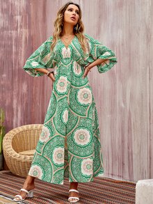 Floral Print Split Thigh Dress - Green - View 6