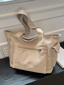 Túi đeo vai màu trơn có nhiều ngăn, dung tích lớn, thiết kế thời trang và đơn giản, thích hợp để đi làm, du lịch, mua sắm và túi xách tay Túi đi học, ba lô đi học, dung tích lớn, di động, có hộp đựng bút chì, thích hợp cho nữ sinh viên đại học, hoàn hảo cho ngày trở lại trường, ngày đầu tiên đến trường, đại học, trung học cơ sở, trung học phổ thông, kỳ nghỉ, mua sắm - Màu be - Xem 3